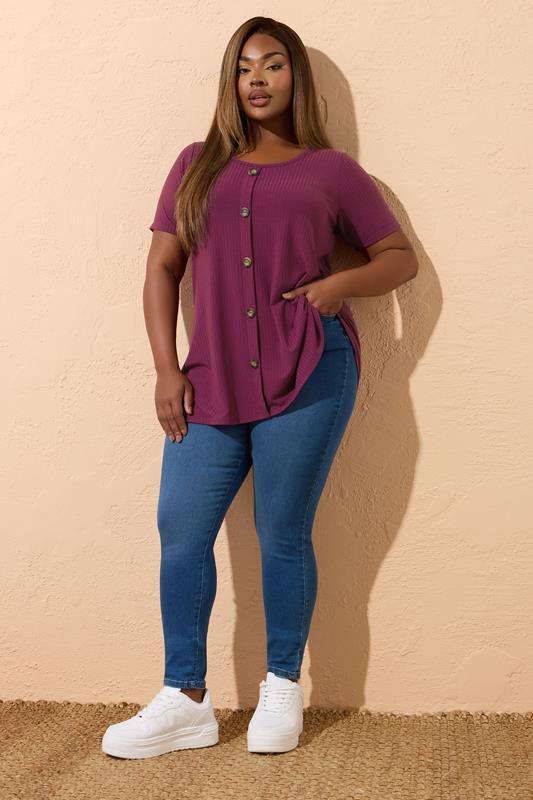Evans YOURS Curve Purple Button Front Ribbed Swing Top