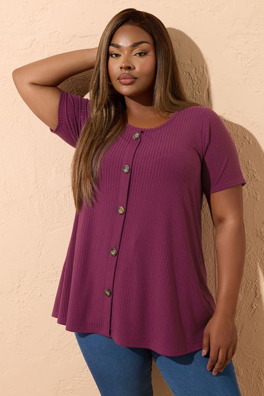 evans YOURS Curve Purple Button Front Ribbed Swing Top