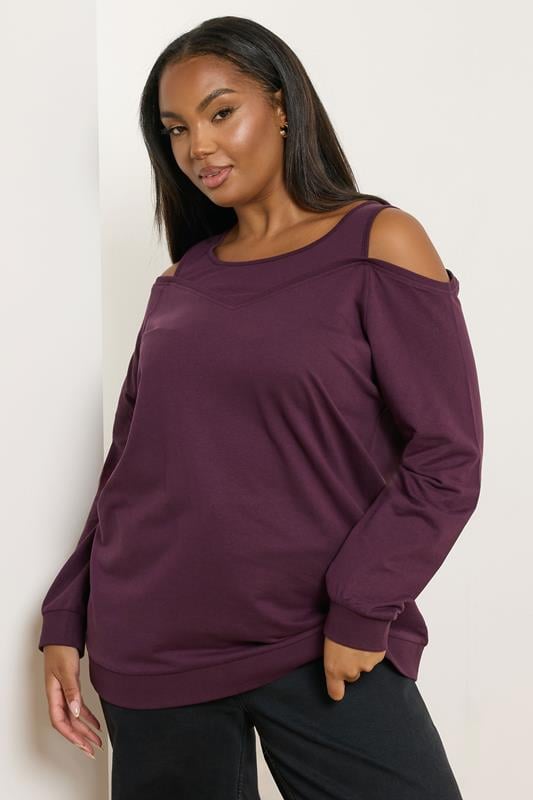 Evans YOURS Curve Purple Cold Shoulder 2-In-1 Sweatshirt