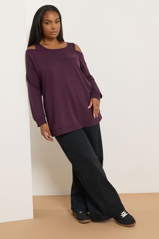 Evans YOURS Curve Purple Cold Shoulder 2-In-1 Sweatshirt