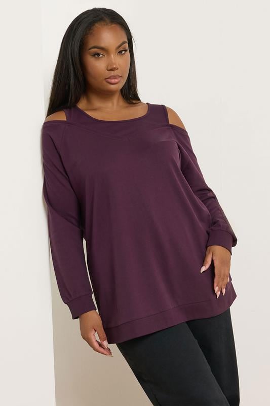 evans YOURS Curve Purple Cold Shoulder 2-In-1 Sweatshirt