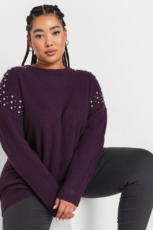 evans YOURS Curve Purple Diamante Embellished Knitted Jumper