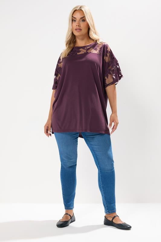 Evans YOURS Curve Purple Floral Burnout Boxy T-Shirt