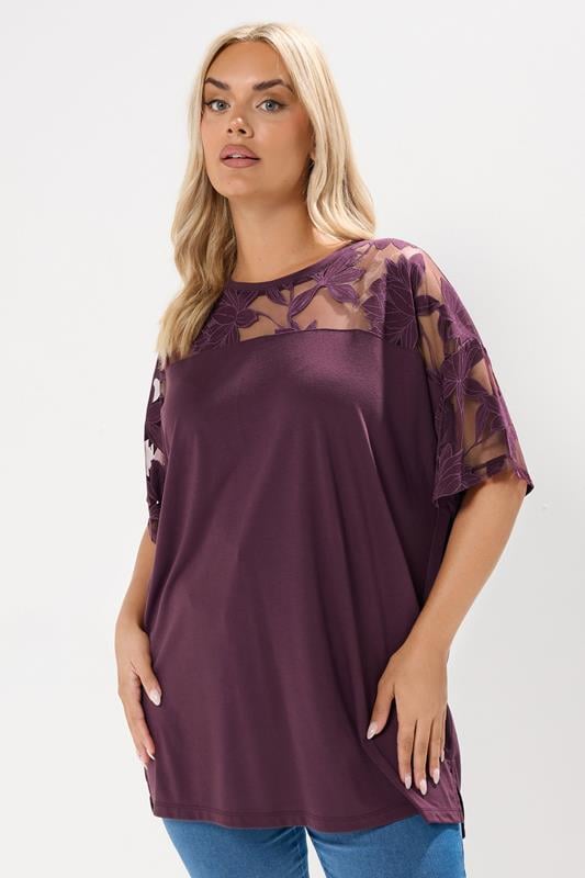 evans YOURS Curve Purple Floral Burnout Boxy T-Shirt