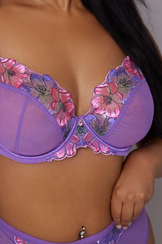 Evans YOURS Curve Purple Floral Embroidered Underwired Bra