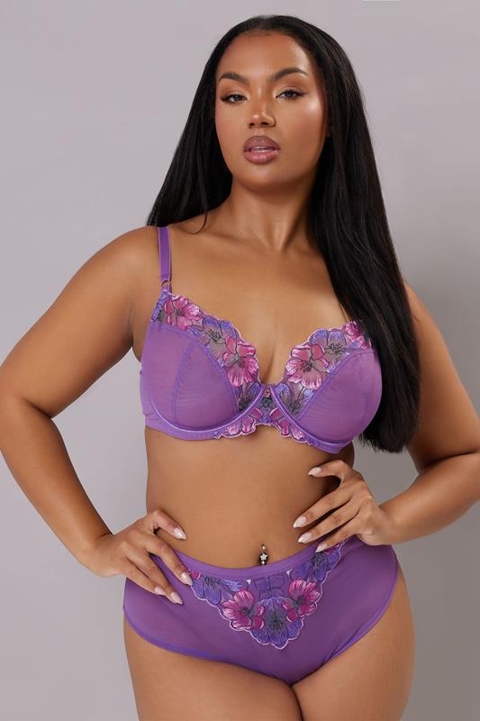 evans YOURS Curve Purple Floral Embroidered Underwired Bra