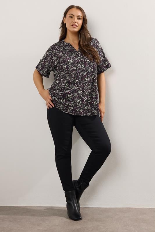 Evans YOURS Curve Purple Floral Print Notch Neck Blouse