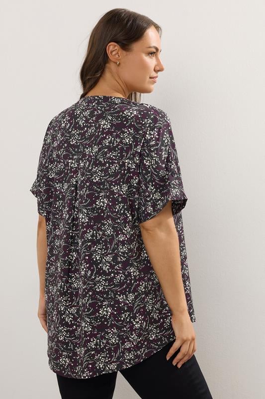 Evans YOURS Curve Purple Floral Print Notch Neck Blouse