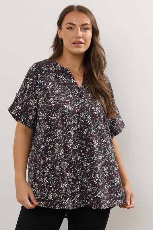 evans YOURS Curve Purple Floral Print Notch Neck Blouse