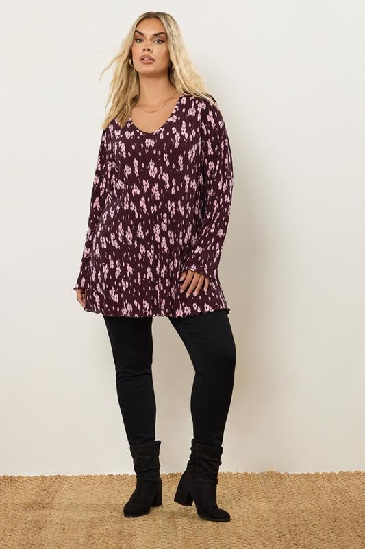 Evans YOURS Curve Purple Floral Print Plisse Tunic Top
