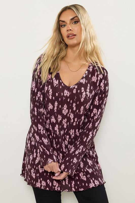 evans YOURS Curve Purple Floral Print Plisse Tunic Top