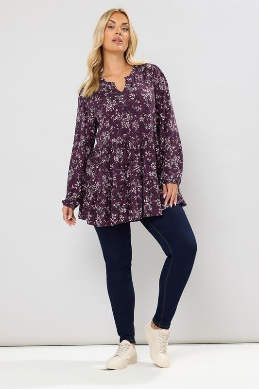 Evans YOURS Curve Purple Floral Tie Neck Tiered Blouse