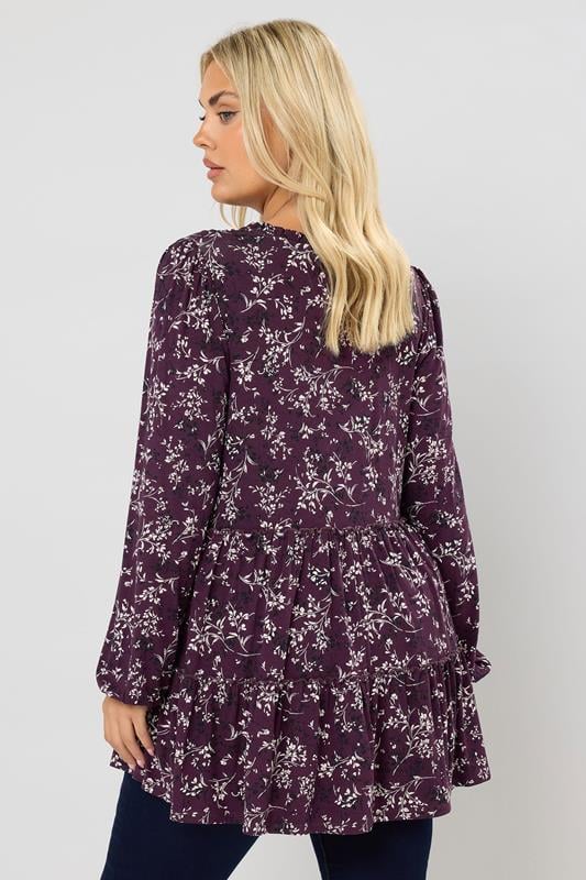 Evans YOURS Curve Purple Floral Tie Neck Tiered Blouse