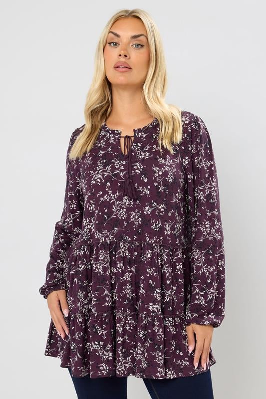 evans YOURS Curve Purple Floral Tie Neck Tiered Blouse