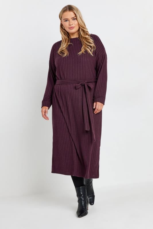 evans YOURS Curve Purple High Neck Knitted Midi Dress