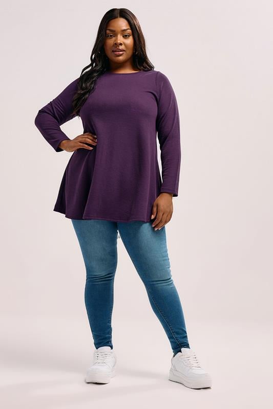 Evans YOURS Curve Purple Long Sleeve Ribbed T-Shirt