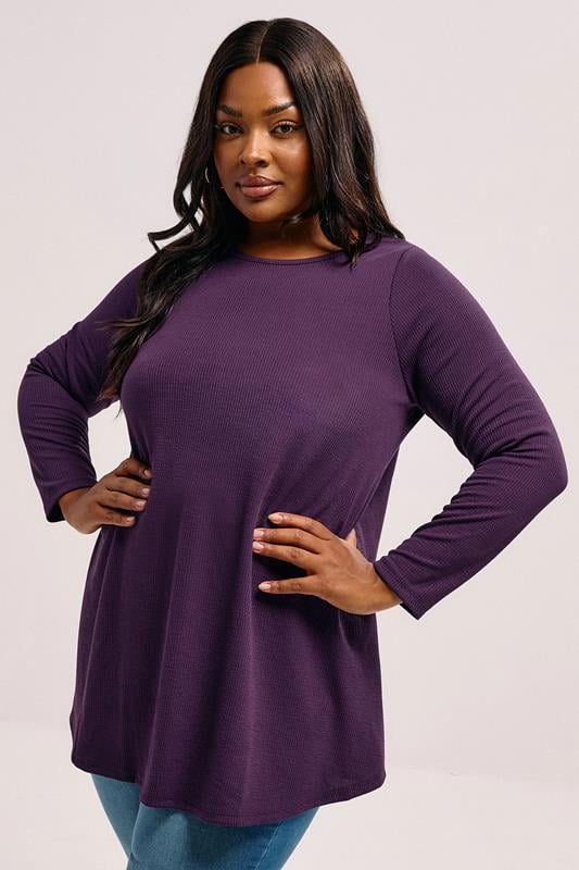 evans YOURS Curve Purple Long Sleeve Ribbed T-Shirt
