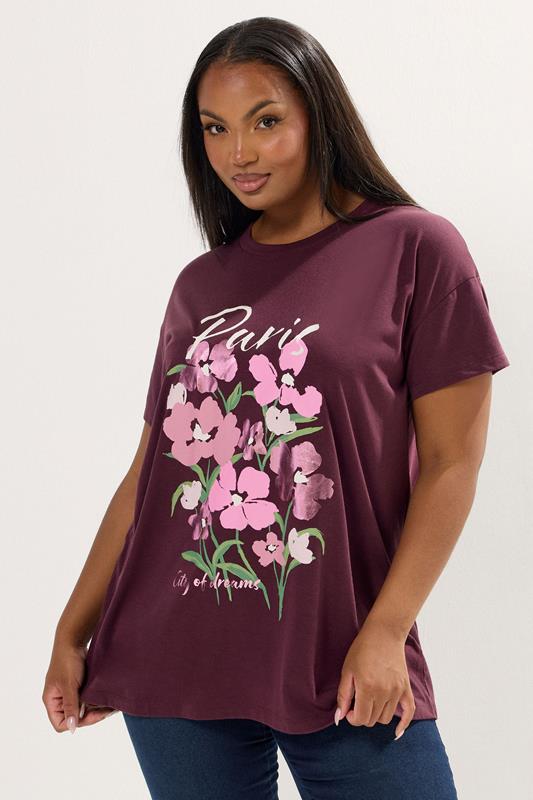Evans YOURS Curve Purple 'Paris' Floral Graphic T-Shirt