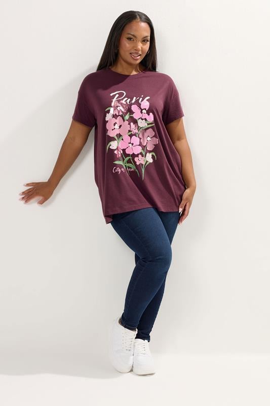 Evans YOURS Curve Purple 'Paris' Floral Graphic T-Shirt