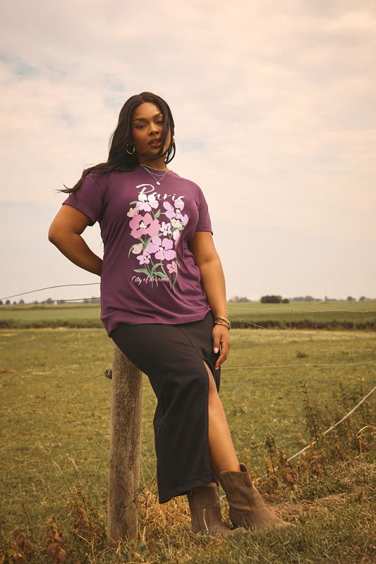 evans YOURS Curve Purple 'Paris' Floral Graphic T-Shirt