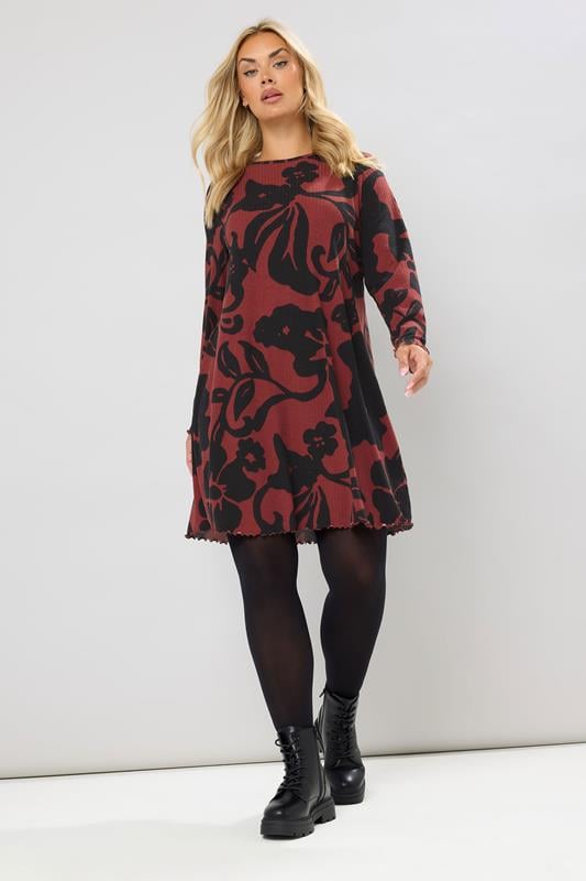 Evans YOURS Curve Red Abstract Floral Ribbed Tunic Top
