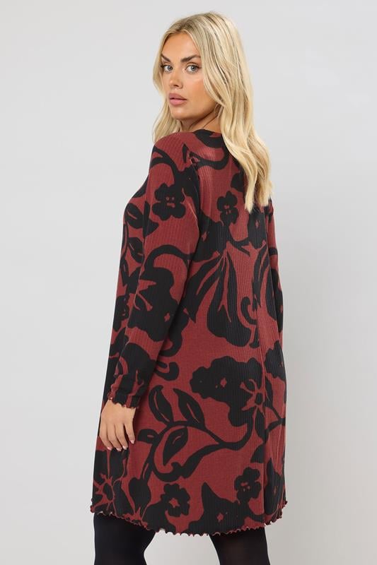 Evans YOURS Curve Red Abstract Floral Ribbed Tunic Top