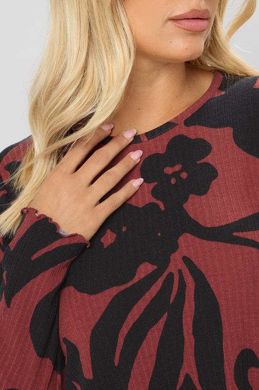 Evans YOURS Curve Red Abstract Floral Ribbed Tunic Top