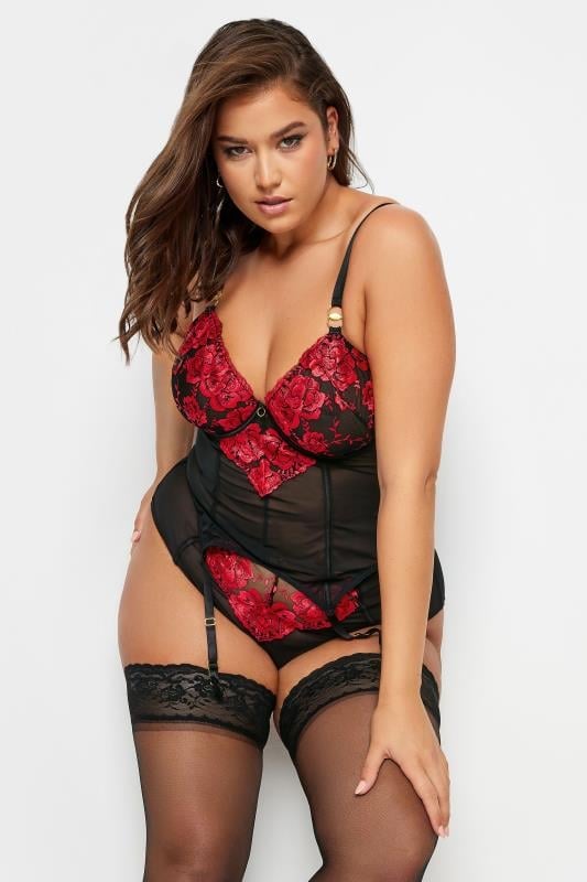 Evans YOURS Curve Red & Black Embroidered Satin Basque