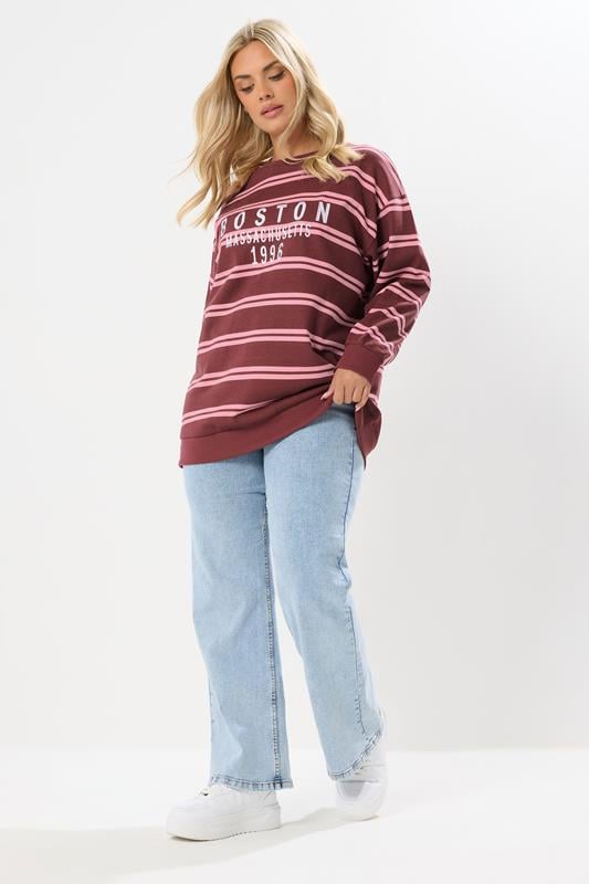 Evans YOURS Curve Red 'Boston' Slogan Stripe Sweatshirt