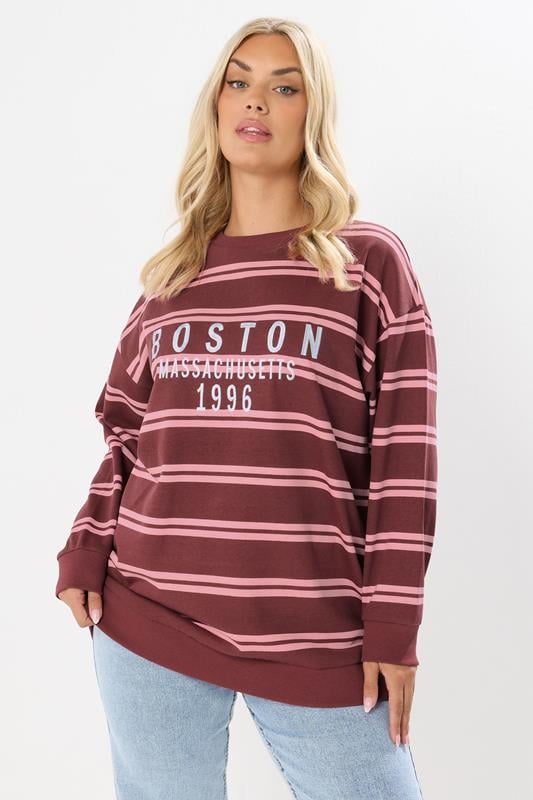 evans YOURS Curve Red 'Boston' Slogan Stripe Sweatshirt