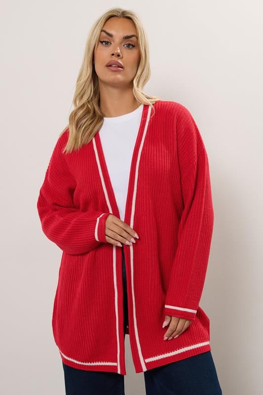 evans YOURS Curve Red Contrast Tipping Knitted Cardigan