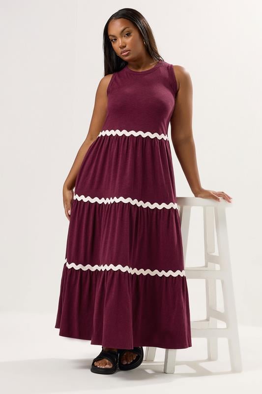 evans YOURS Curve Red Contrast Trim Tiered Maxi Dress