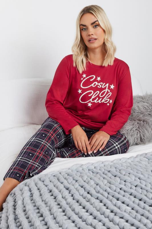 Evans YOURS Curve Red 'Cosy Club' Check Print Wide Leg Pyjama Gift Set
