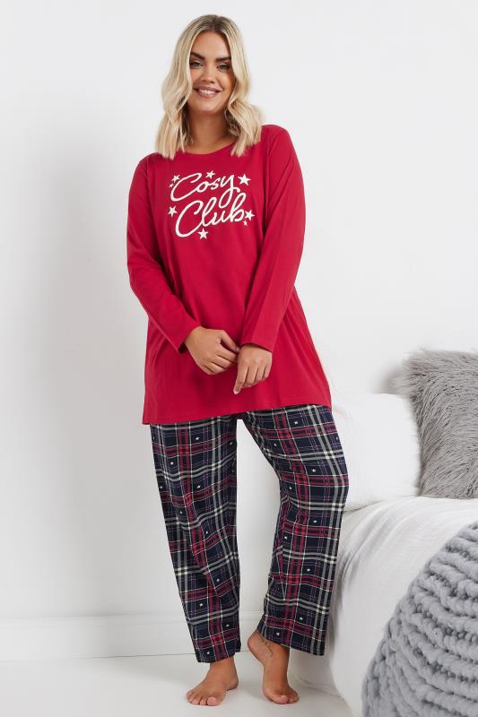 Evans YOURS Curve Red 'Cosy Club' Check Print Wide Leg Pyjama Gift Set