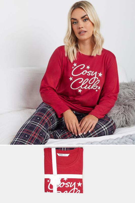 evans YOURS Curve Red 'Cosy Club' Check Print Wide Leg Pyjama Gift Set