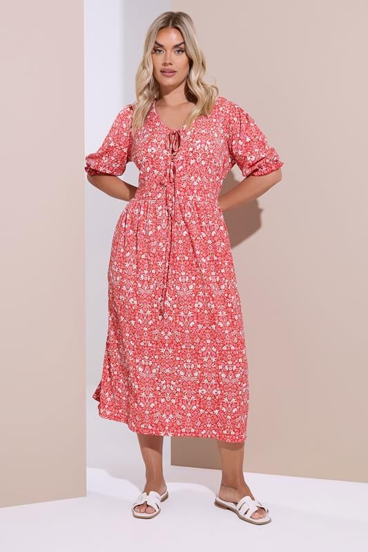 Evans YOURS Curve Red Floral Paisley Bow Tie Front Midaxi Dress
