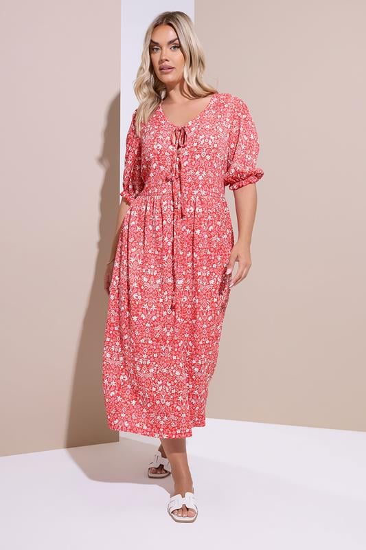 evans YOURS Curve Red Floral Paisley Bow Tie Front Midaxi Dress