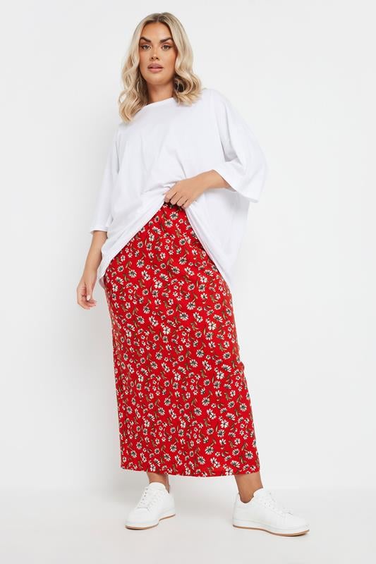 Evans YOURS Curve Red Floral Print Textured Maxi Skirt