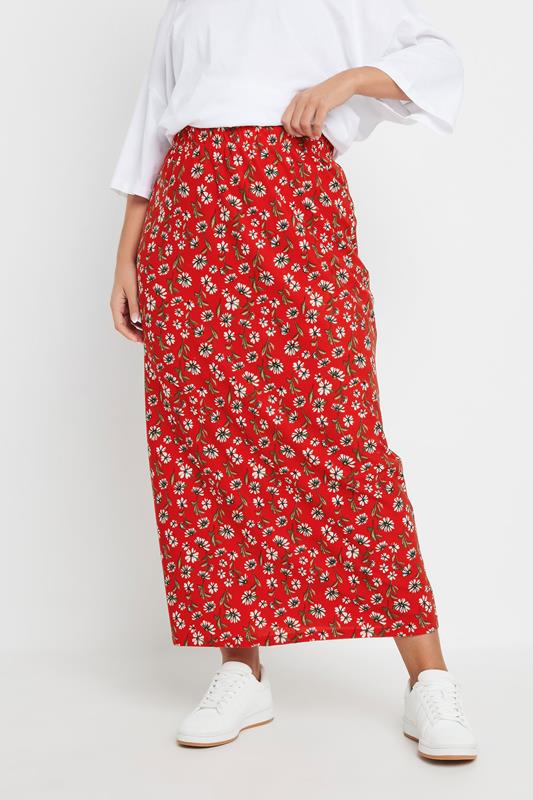 evans YOURS Curve Red Floral Print Textured Maxi Skirt