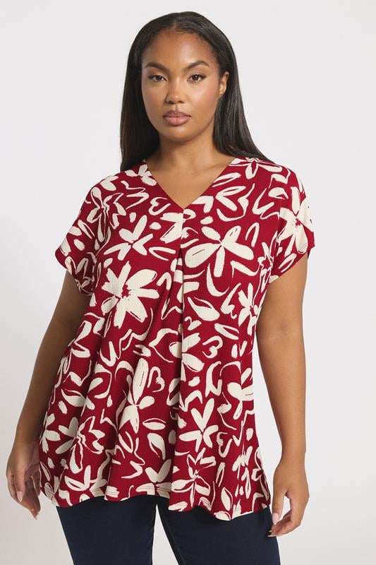 evans YOURS Curve Red Floral Textured Pleat Front Top