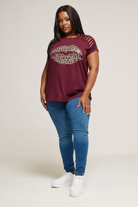 Evans YOURS Curve Red Leopard Print Lips Laser Cut T-Shirt