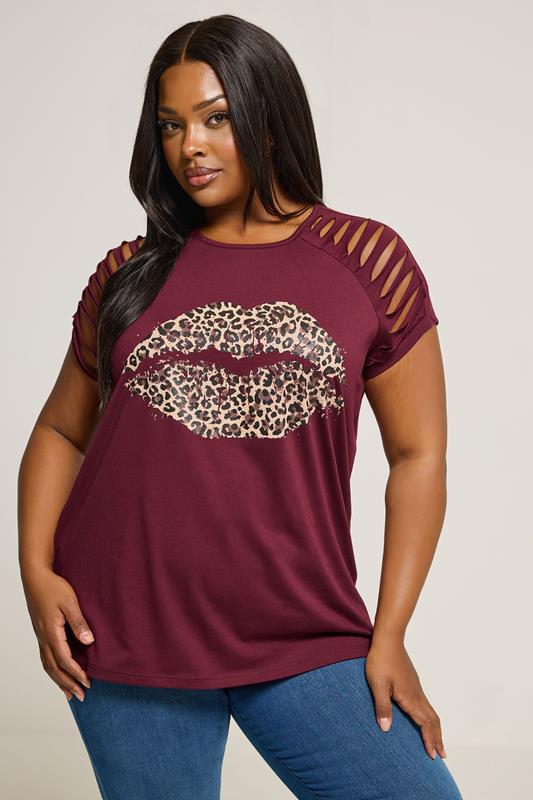 evans YOURS Curve Red Leopard Print Lips Laser Cut T-Shirt