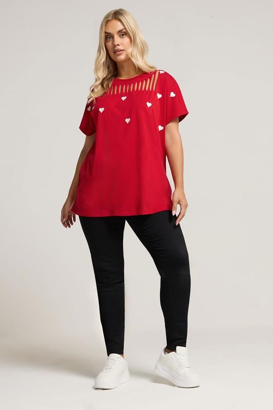 Evans YOURS Curve Red Printed Heart Slash Detail Top