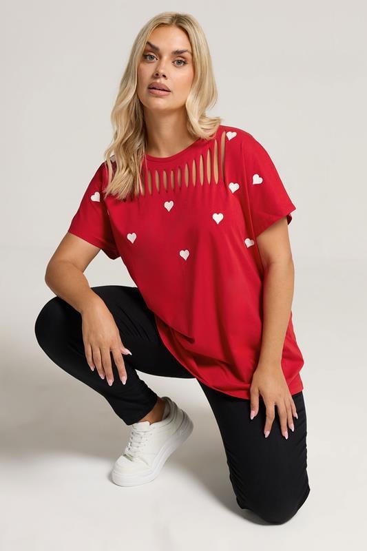evans YOURS Curve Red Printed Heart Slash Detail Top