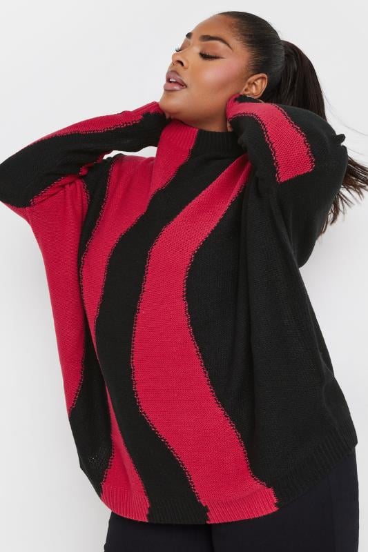 evans YOURS Curve Red Swirl Oversized Knitted Jumper