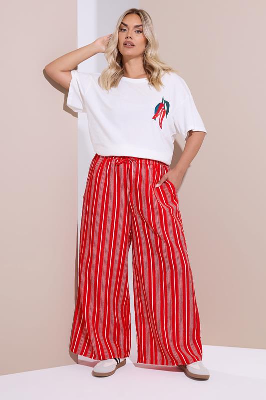 Evans YOURS Curve Red Textured Stripe Wide Leg Trousers