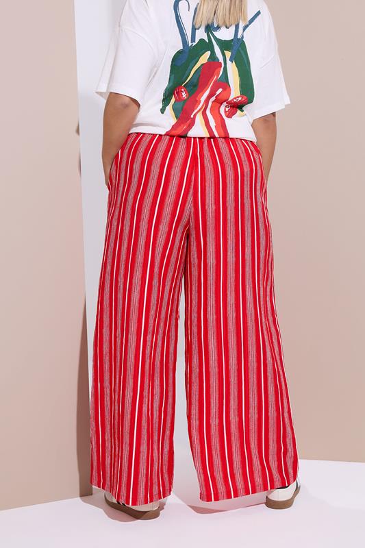 Evans YOURS Curve Red Textured Stripe Wide Leg Trousers