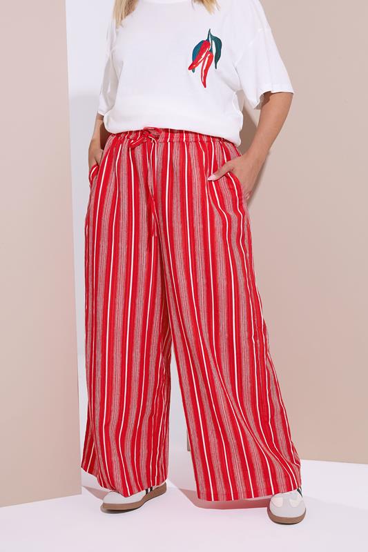 evans YOURS Curve Red Textured Stripe Wide Leg Trousers