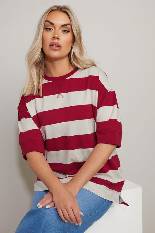 Evans YOURS Curve Red & White Stripe Short Sleeve Sweatshirt