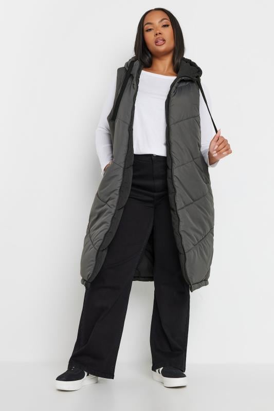 Evans YOURS Curve Reversible Charcoal & Black Quilted Longline Hooded Gilet